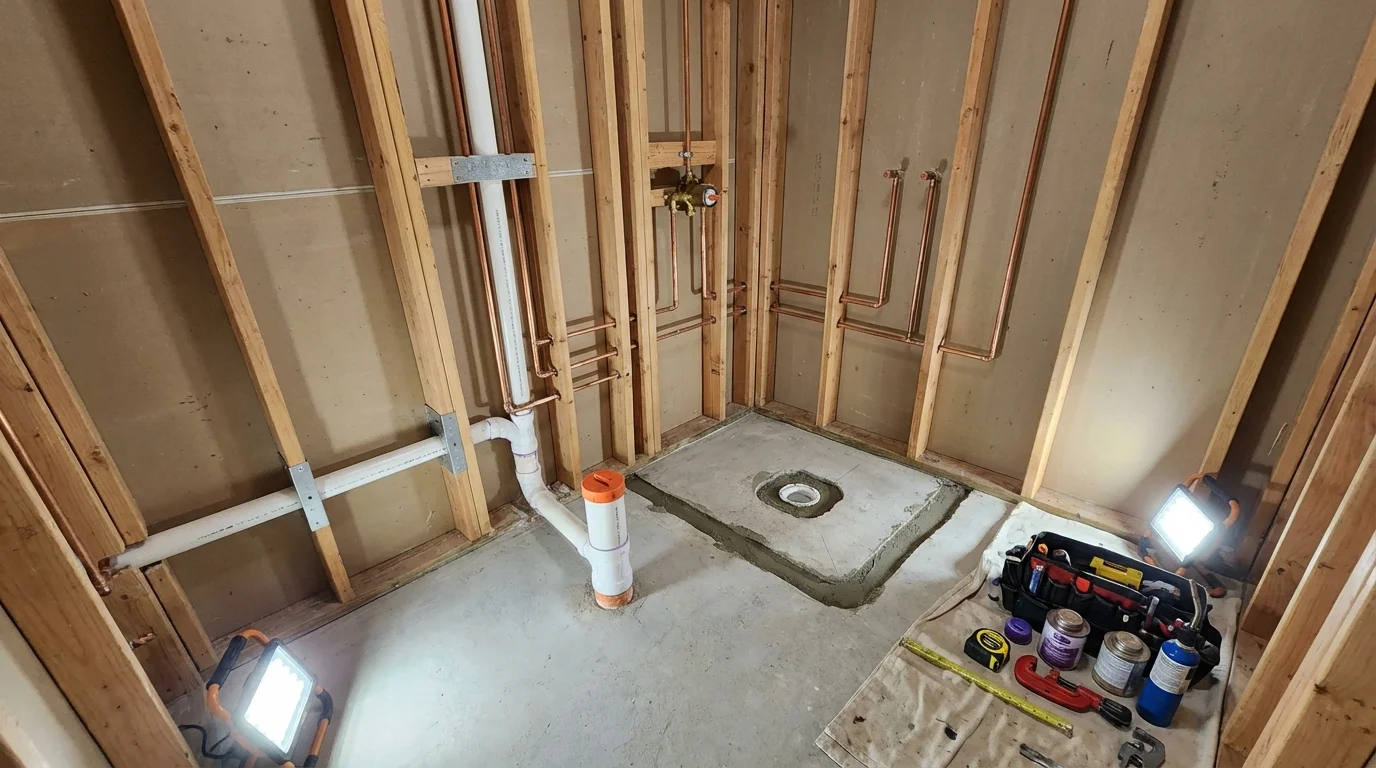 Bathroom rough-in plumbing during remodel by Johns Plumbing LLC in Hurt