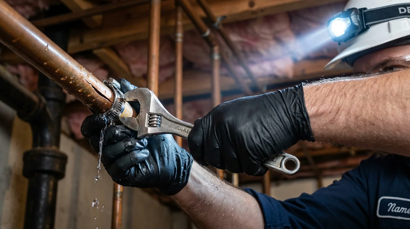 Emergency pipe clamp repair being performed by a Johns Plumbing LLC plumber in Hurt