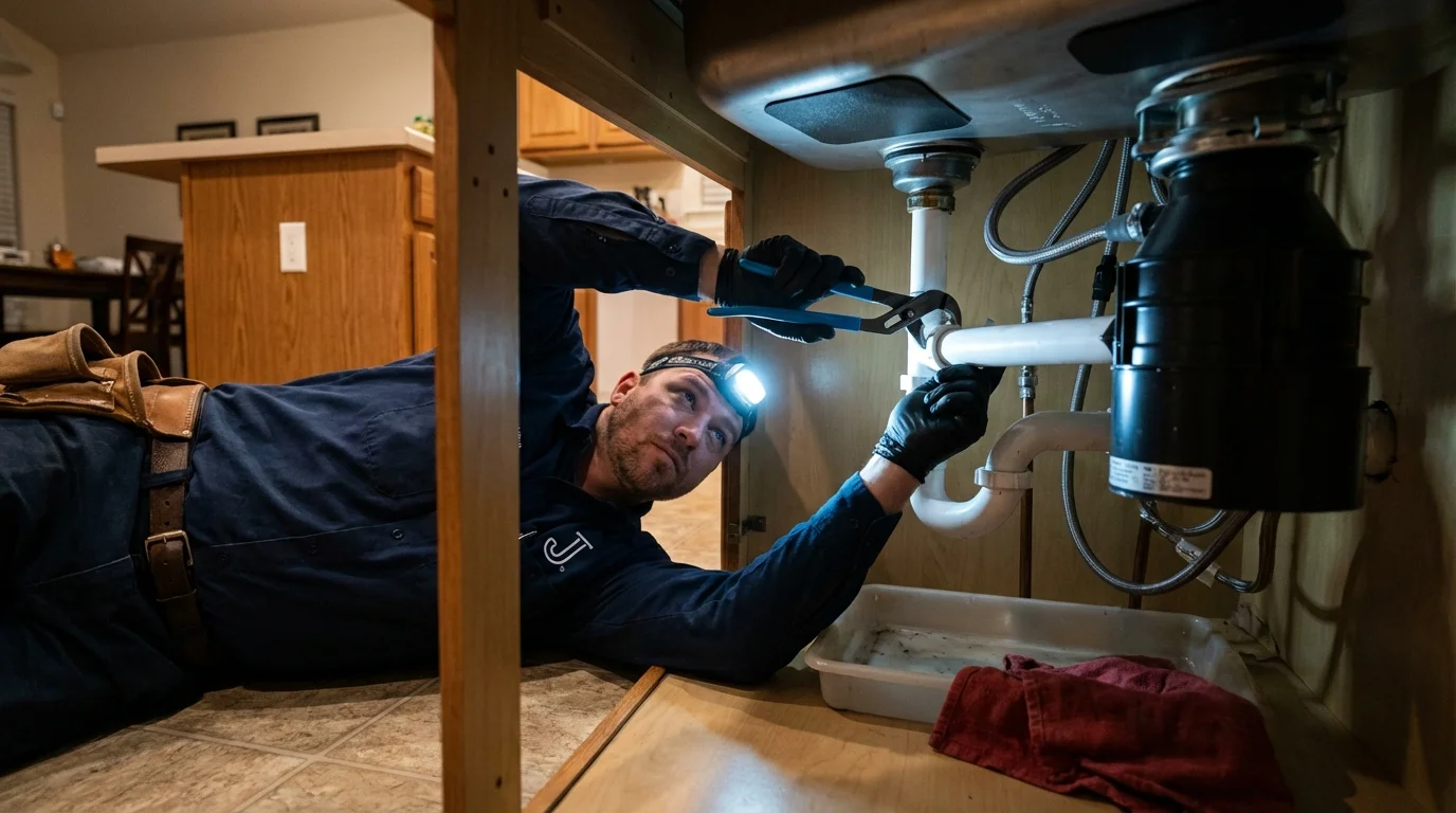 P-trap and supply line connections under a kitchen sink showing a common leak point in Hurt, VA